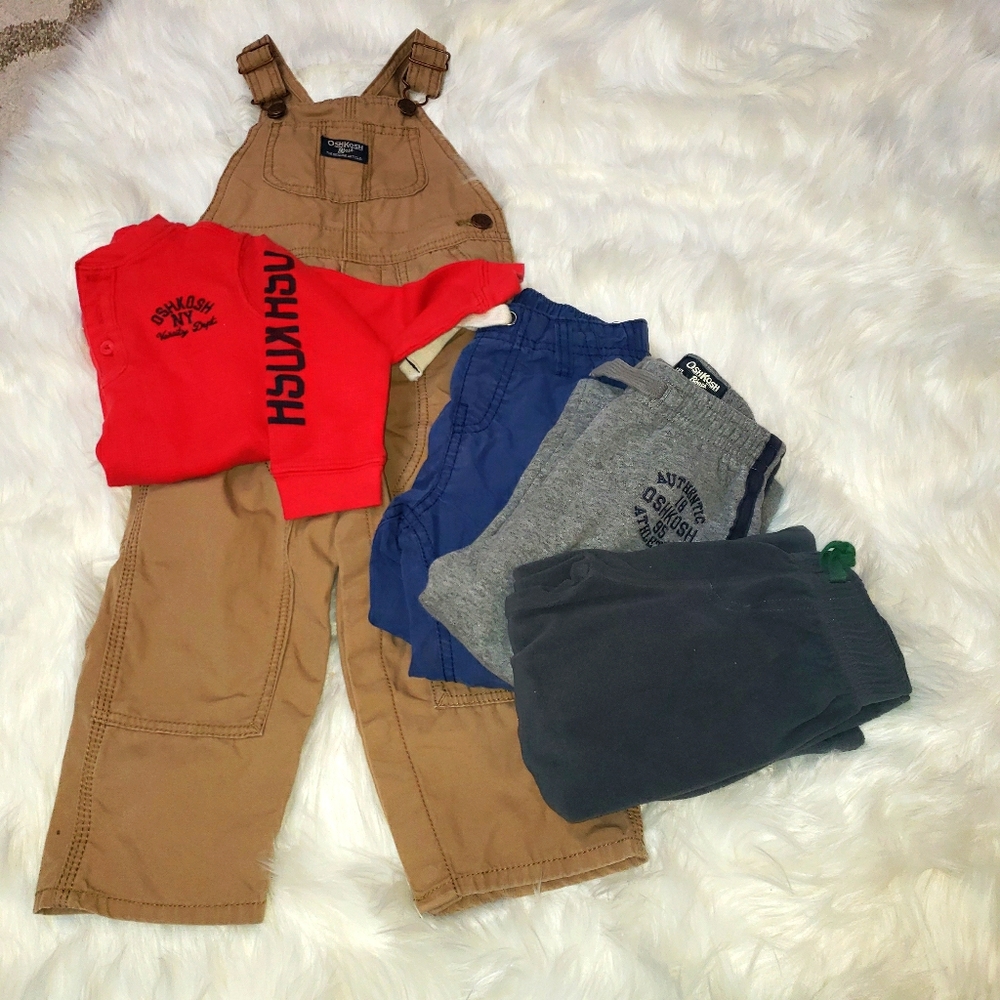 3 pants, 1 overall, 1 long sleeve snap shirt